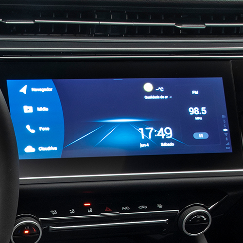 Multimídia de 10,25” HD com Android Auto, Apple Car Play, Bluetooth, controle do ar condicionado e funções do veículo